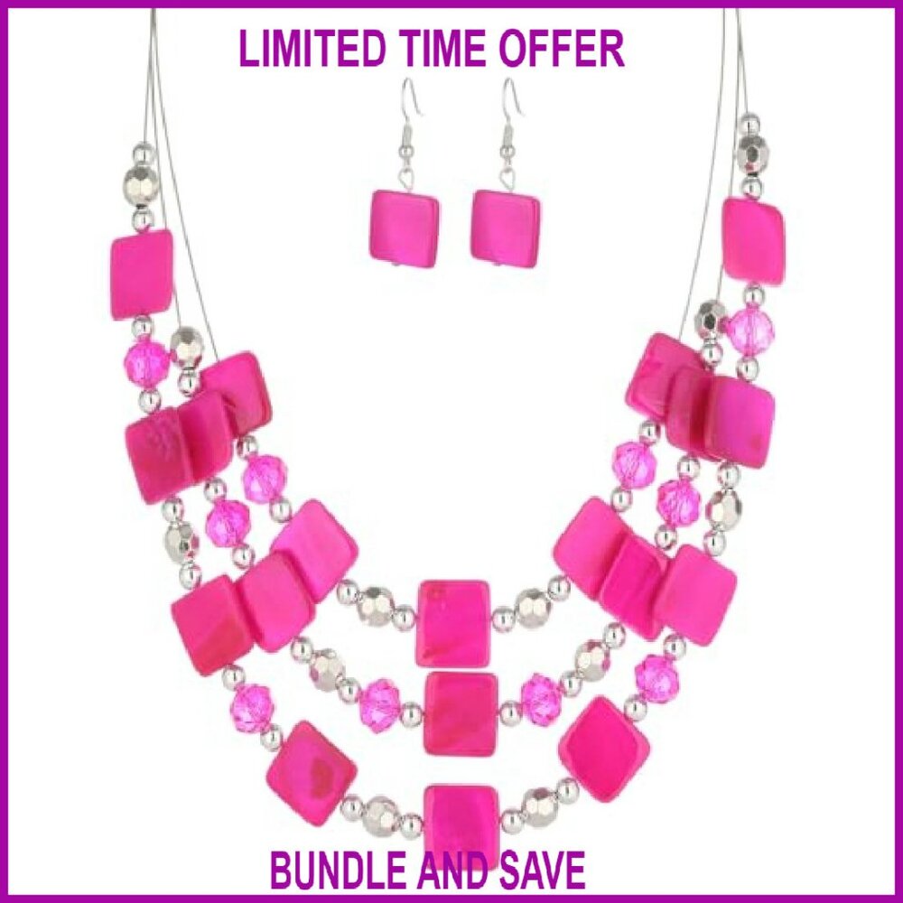 Shell Bead Statement Necklace Earring Set Triple … - image 2